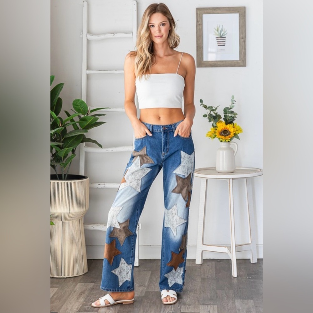 Oli & Hali blue denim faux leather star patchwork jeans